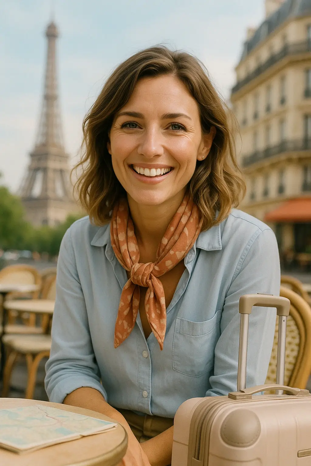 Portrait de Sarra – Fondatrice de weekendpascher.fr Jeune femme française souriante dans la trentaine, en tenue de voyage, représentant l’esprit du blog weekendpascher.fr