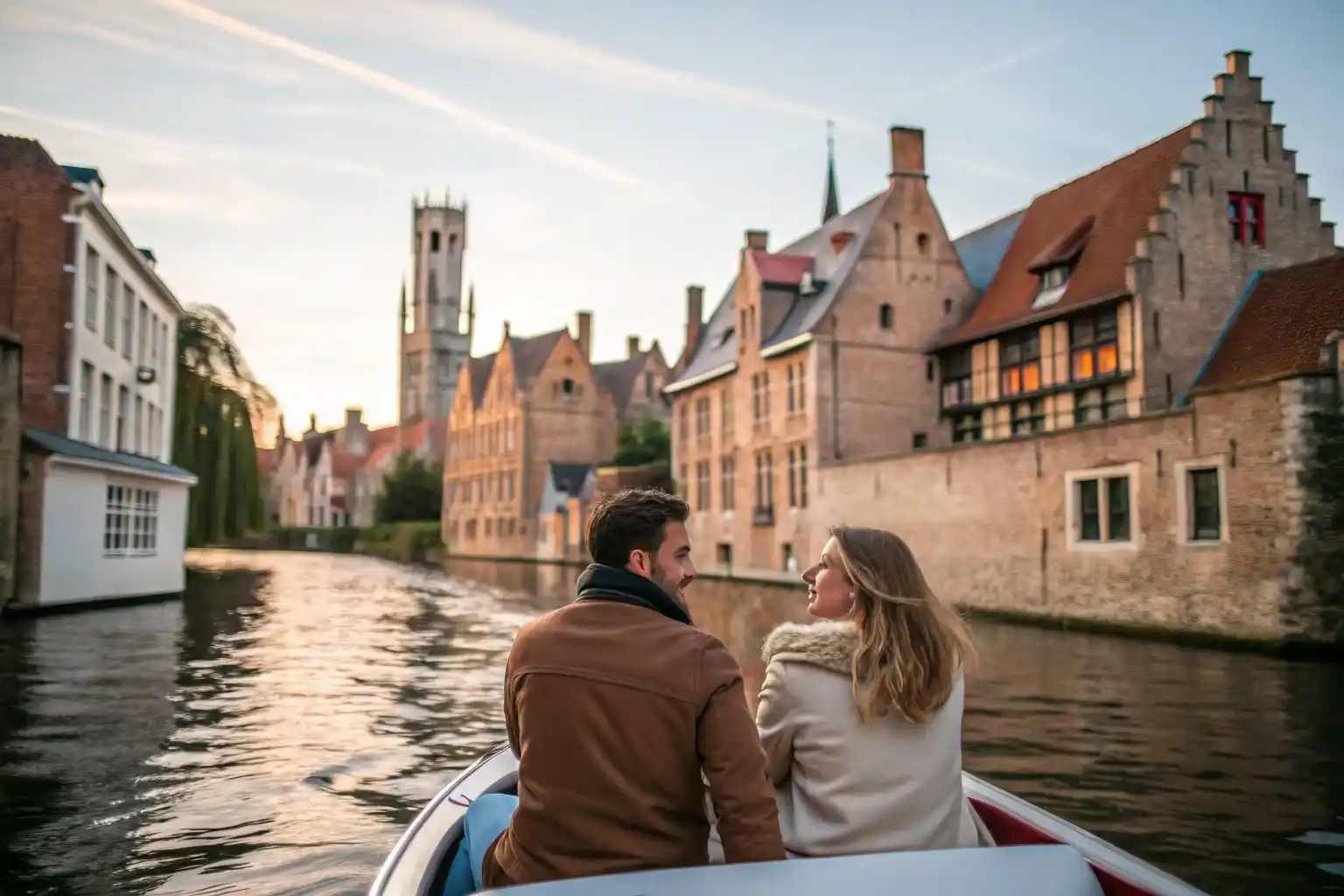 Week-end romantique à Bruges – Canaux et charme médiéval Couple profitant d’une balade en bateau sur les canaux de Bruges