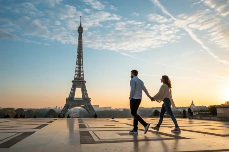 Couple marchant main dans la main près de la Tour Eiffel au coucher du soleil