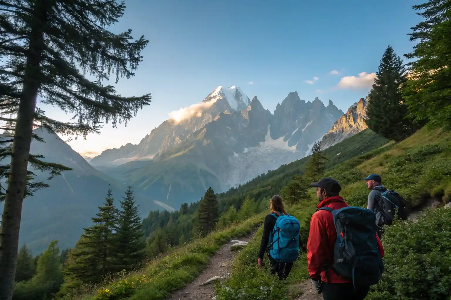 Week-end sportif à Chamonix – Vue sur le Mont Blanc Randonneurs admirant le Mont Blanc depuis un sentier alpin