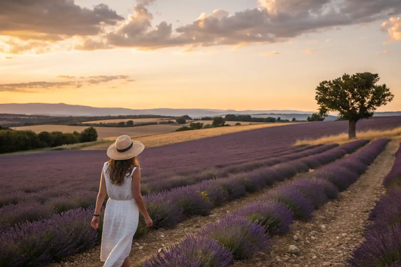 Week-end en Provence – Lavande et douceur du Sud Femme marchant dans un champ de lavande au coucher du soleil