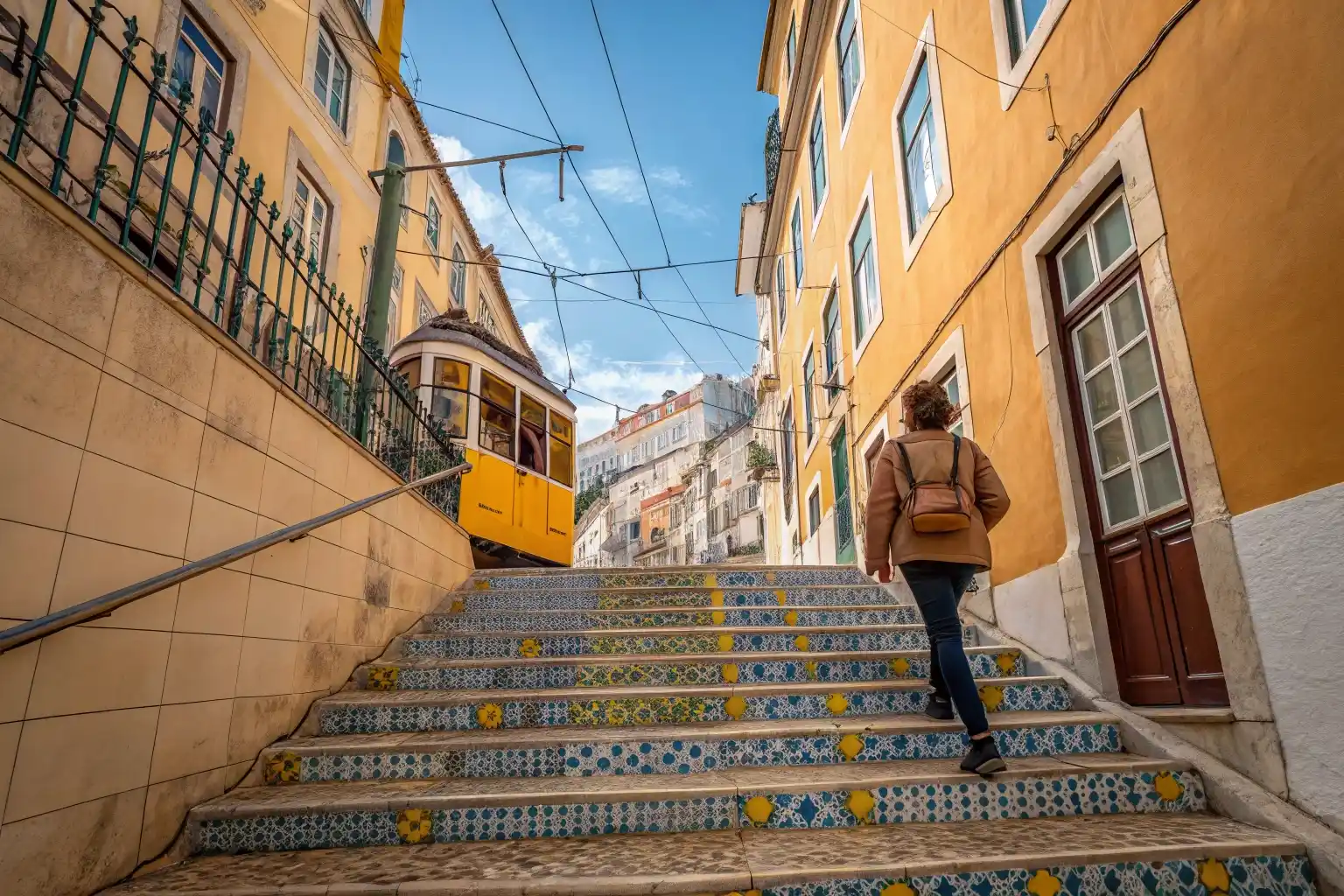 Week-end à Lisbonne – Couleurs, culture et soleil Voyageur montant un escalier coloré à Lisbonne, décor azulejos et tram