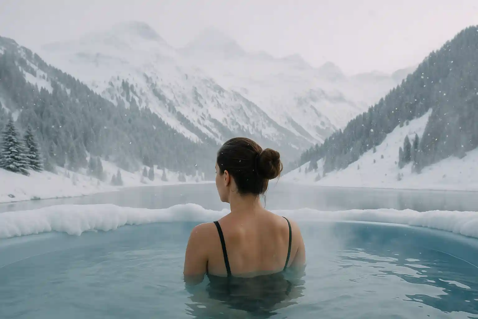 Femme dans un bain chaud extérieur en hiver, face aux montagnes enneigées des Pyrénées.