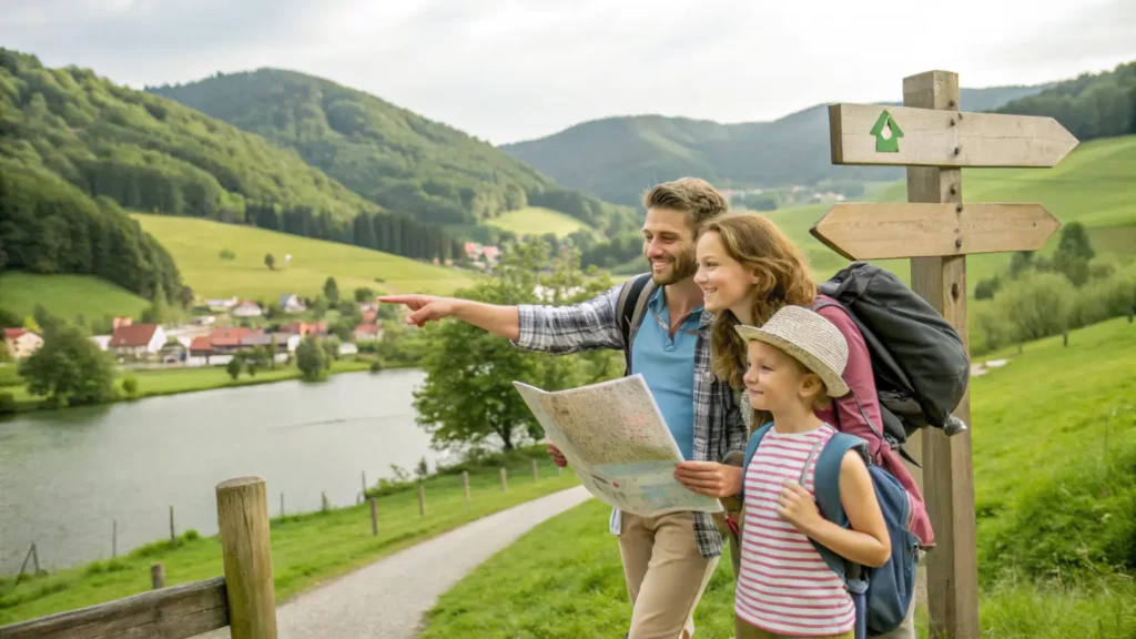 Famille avec enfants marchant dans un parc naturel en Allemagne, avec collines, lac et sentier balisé