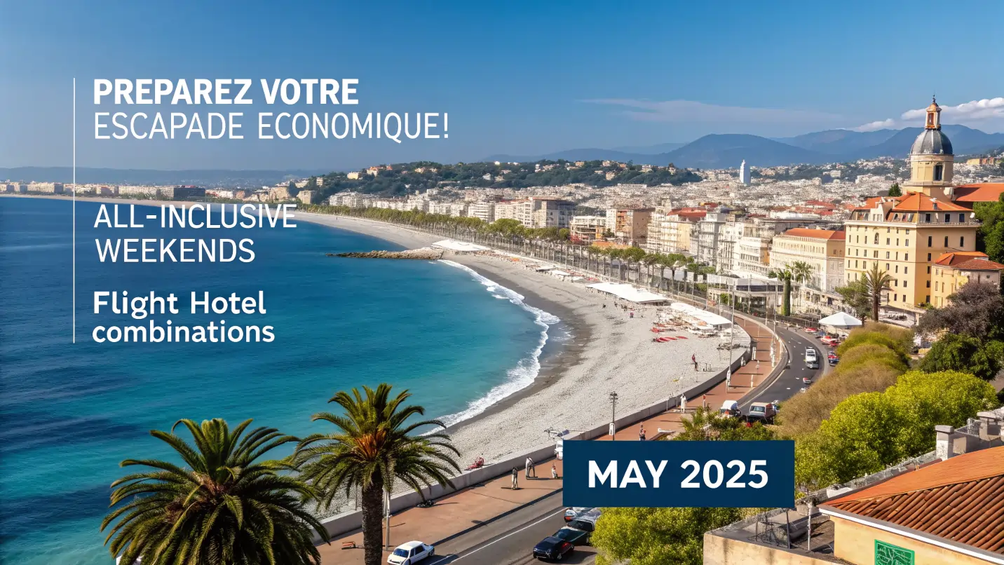 Affiche colorée d’un voyage en mai avec une ville méditerranéenne en fond