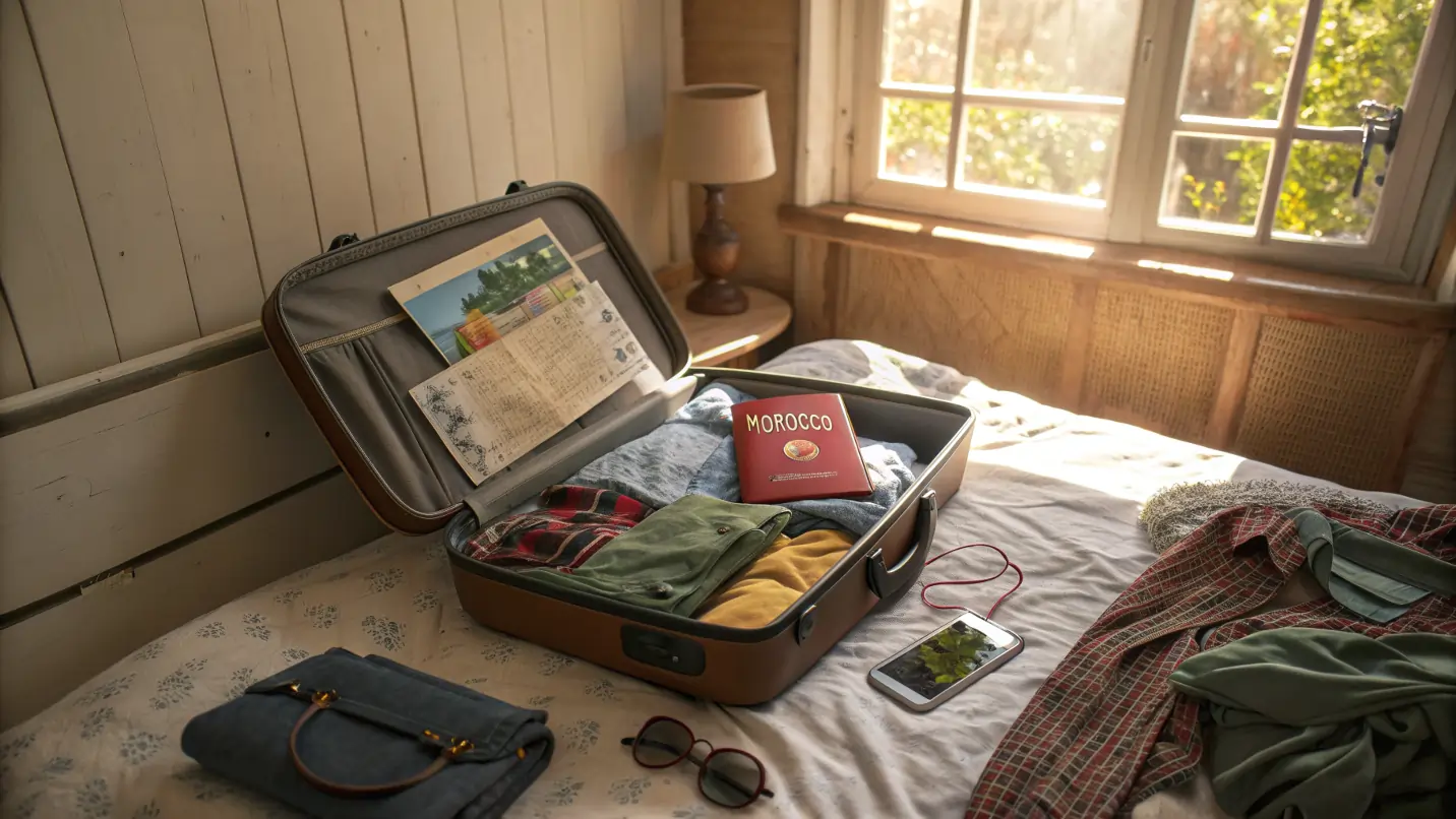 Valise ouverte sur un lit, prête pour un départ de week-end improvisé au Maroc.
