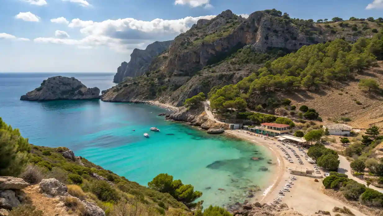 Crique isolée à Majorque avec eau turquoise et pins autour