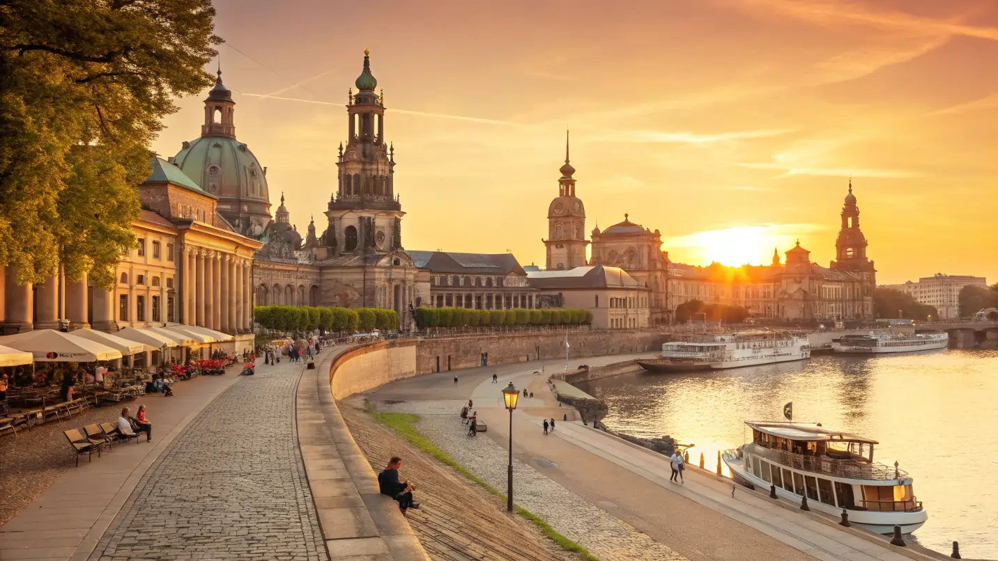 Vue pittoresque d’une ville allemande au bord de l’eau au coucher du soleil, avec promeneurs et architecture traditionnelle