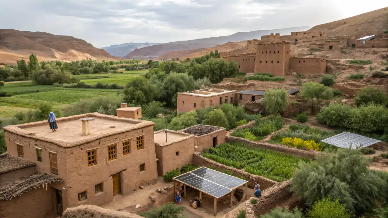 Homme en kayak sur une rivière au Maroc, face à une kasbah traditionnelle entourée de palmiers
