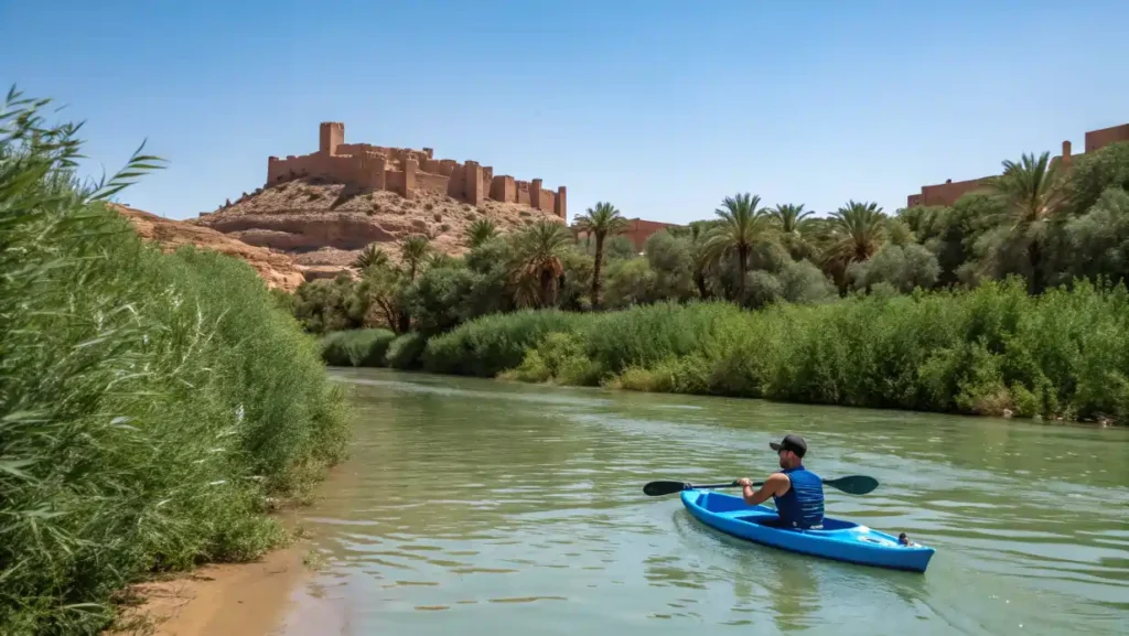 Les plus beaux Homme en kayak naviguant sur une rivière paisible devant la kasbah d’Aït Benhaddou entourée de palmiers