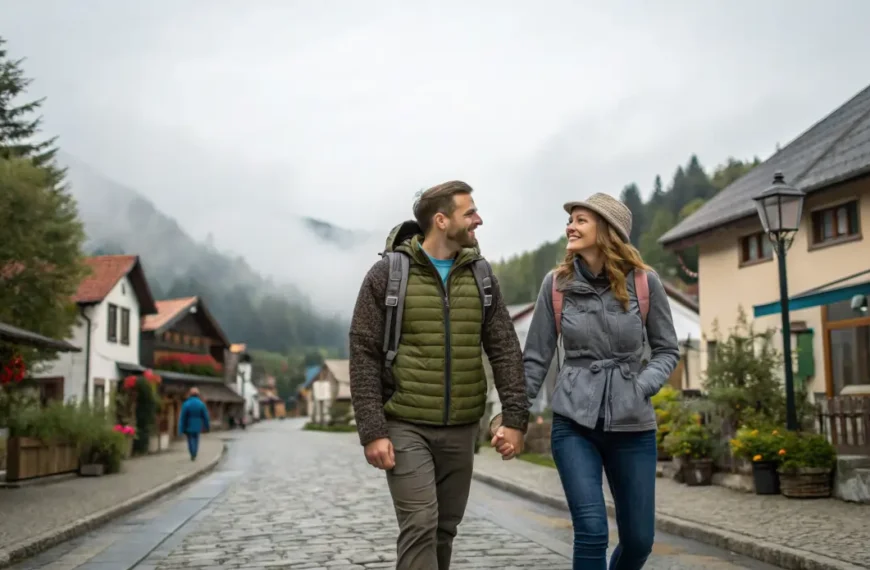 Un couple marchant main dans la main sur un chemin forestier calme, en automne.