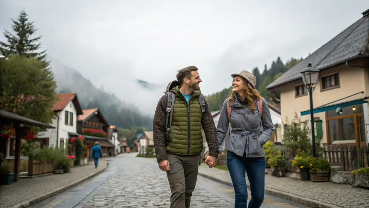 Un couple marchant main dans la main sur un chemin forestier calme, en automne.