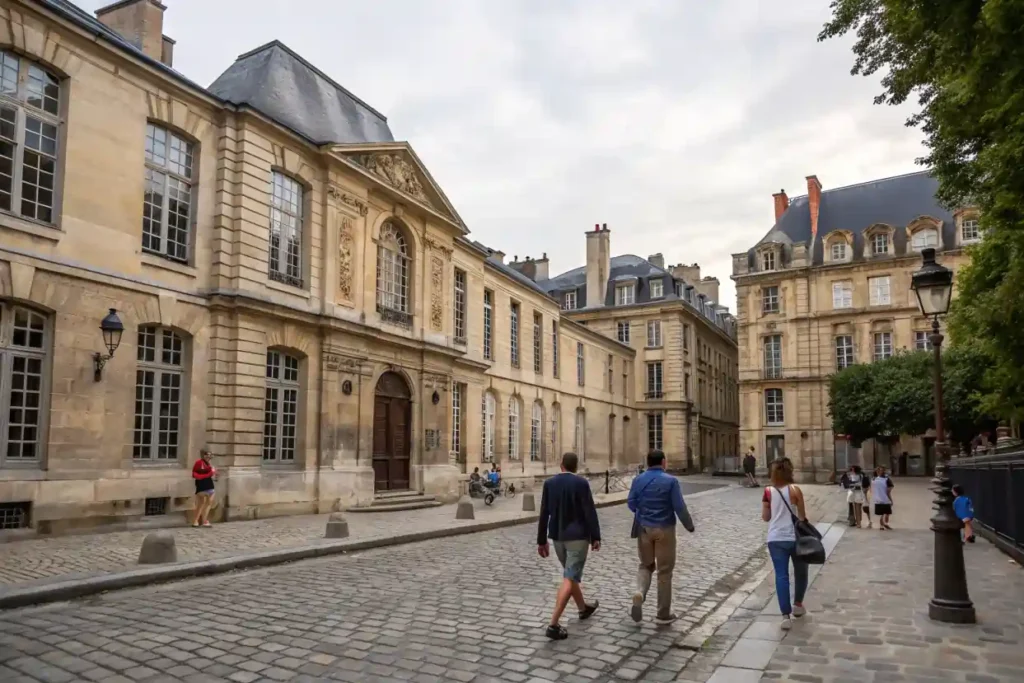 Façade du Musée Carnavalet et passants dans les rues historiques du Marais, Paris