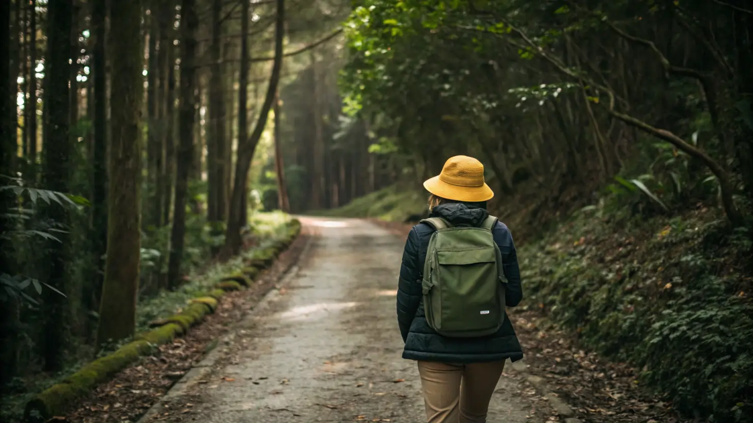 Personne de dos marchant dans un sentier forestier, sac à dos sur les épaules, entourée de verdure.