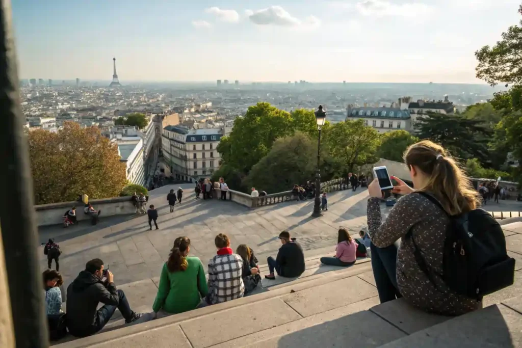 Vue panoramique sur Paris depuis les marches du Sacré-Cœur, avec des touristes assis ou debout par temps clair