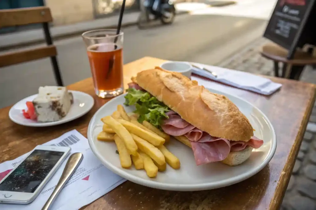Déjeuner pas cher à Paris avec sandwich, frites et soda sur une table en bois, près de Pigalle ou Anvers