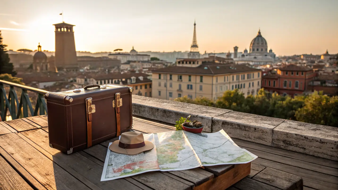 Carte de l’Europe dépliée sur une terrasse avec valise vintage, passeports et chapeau, vue sur des toits européens au coucher du soleil.