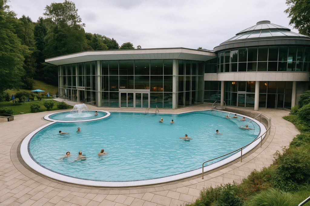 Vue réaliste des thermes Caracalla à Baden-Baden avec bassin extérieur, baigneurs et architecture moderne vitrée
