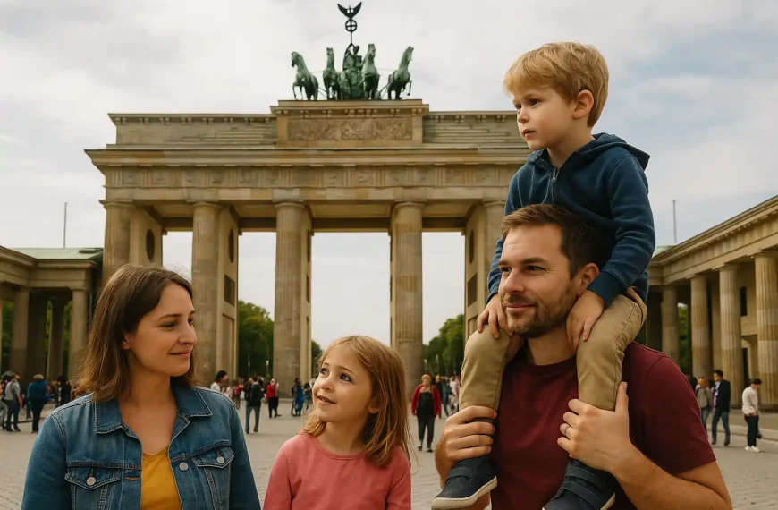 Une famille visite la Porte de Brandebourg à Berlin, avec des enfants heureux au premier plan.
