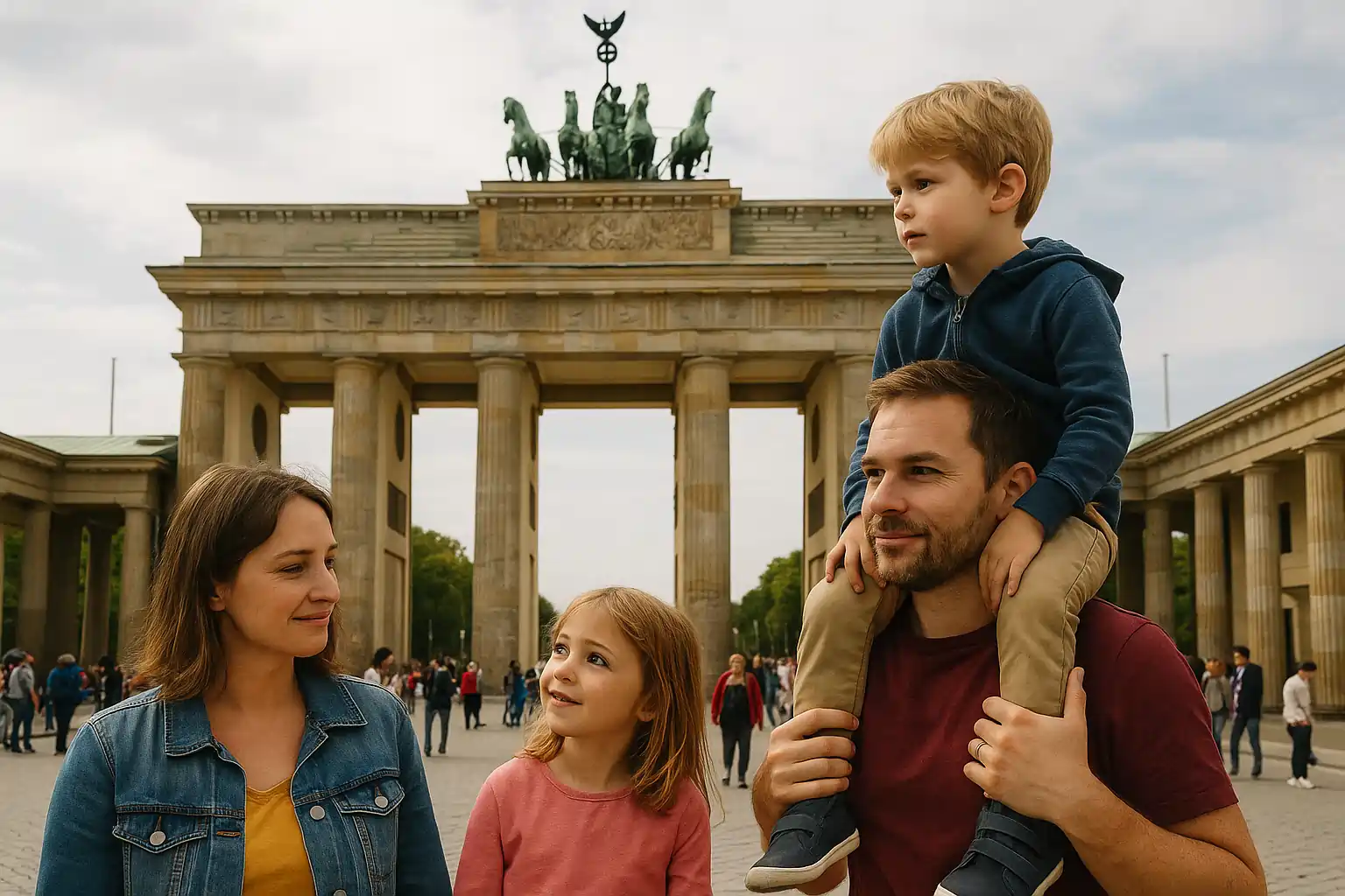 Une famille visite la Porte de Brandebourg à Berlin, avec des enfants heureux au premier plan.