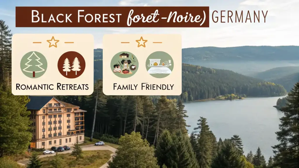 Infographie illustrée présentant des hôtels spa pour couples et familles en Forêt-Noire avec paysages de montagne