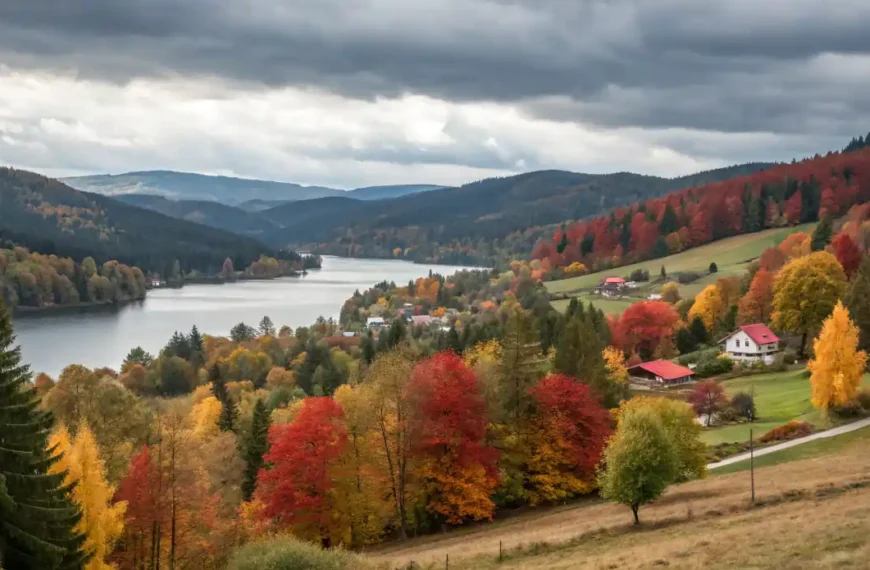 Paysage automnal de la Forêt-Noire avec des collines boisées colorées, un lac calme et quelques fermes isolées