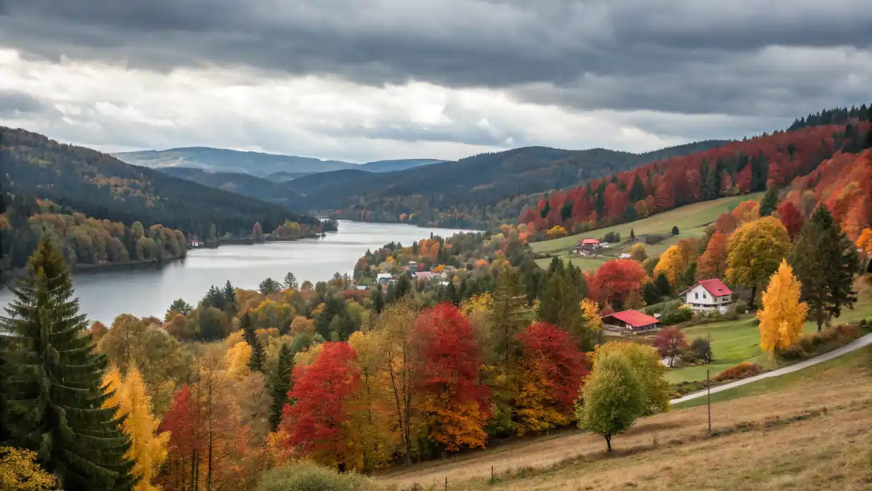 Paysage automnal de la Forêt-Noire avec des collines boisées colorées, un lac calme et quelques fermes isolées